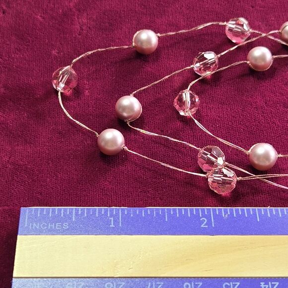 Faux Pink Pearl & Crystal layered Necklace Silk Thread Multi-Strand Silver Clasp - Picture 8 of 9